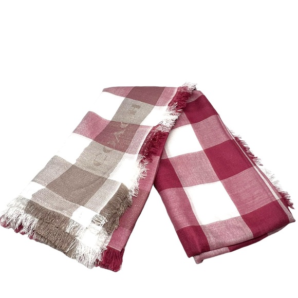COACH Soft Cashmere Blend Plaid Red White Tan Shimmer Fringe Oversized Scarf NEW - Picture 1 of 5